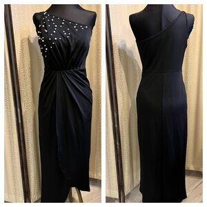 SHEIN Black One-Shoulder Dress with Pearl Details